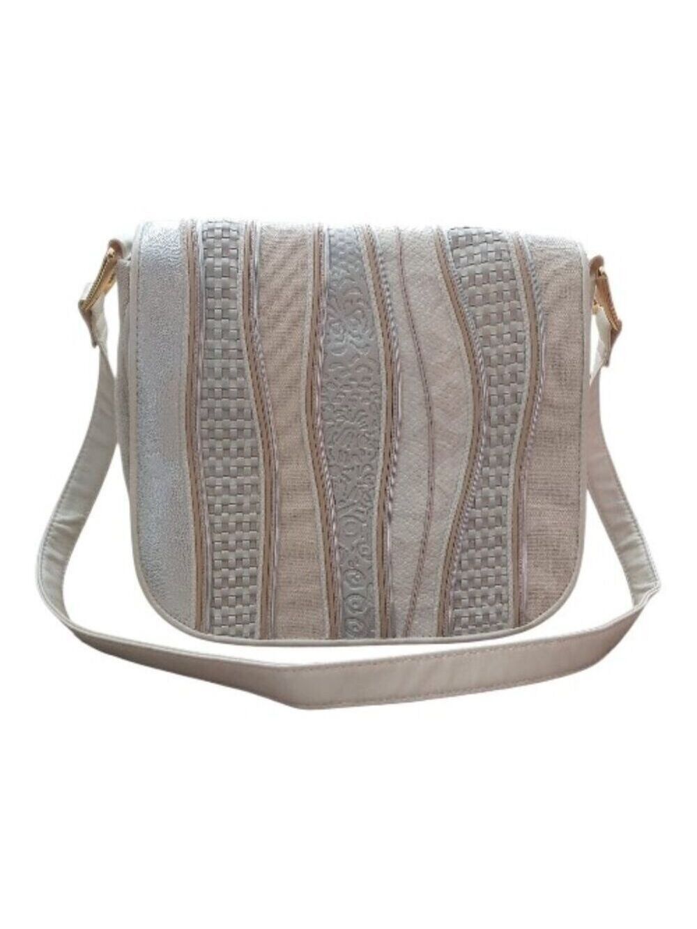 Cream Canvas & Faux Leather Boho Crossbody Bag - Woven Neutral Summer Aesthetic